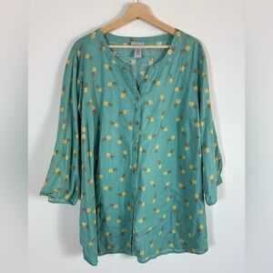 Catherines Tunic Top Womens 2X Pineapples Linen Blend Button Up Teal